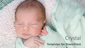  Presentation with newborn baby - Slide set with sweet wrapped in a nappy newborn baby sleeping on a soft blanket background and a soft green colored foreground