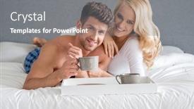  Presentation with lovers - Cool new presentation theme with sweet young caucasian lovers on white bed having coffee looking at camera backdrop and a gray colored foreground
