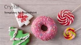  Presentation with donuts - Amazing PPT theme having sweets-creative-lay-out-dessert backdrop and a light gray colored foreground