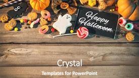  Presentation with sliced fresh papaya on wooden - Colorful presentation design enhanced with sweets for halloween and fresh backdrop and a  colored foreground