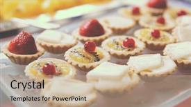  Presentation with banquet - PPT theme featuring sweets on banquet table - tartlets with white chocolate and berries toned image background and a coral colored foreground