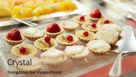  Presentation with banquet - Audience pleasing PPT theme consisting of sweets on banquet table - tartlets with white chocolate and berries backdrop and a coral colored foreground
