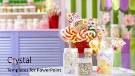  Presentation with candy shop - Audience pleasing PPT theme consisting of sweets on table at candy backdrop and a light blue colored foreground