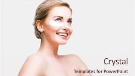  Presentation with women body - Slide set enhanced with swelling body - image of smiling blonde women background and a  colored foreground