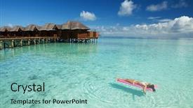  Presentation with blue crystal - Audience pleasing slide set consisting of swim and relax on inflatable backdrop and a mint green colored foreground