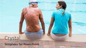  Presentation with coach - Beautiful theme featuring swim coach interacting with senior man at poolside backdrop and a coral colored foreground