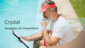  Presentation with swim - Cool new presentation theme with swim coach looking at clipboard backdrop and a sky blue colored foreground