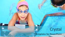  Presentation with swim - Amazing presentation design having swim game - smiling girl in blue goggles backdrop and a cyan colored foreground