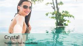  Presentation with swimming pool - Theme with swiming - woman in tropical vacation drags background and a seafoam green colored foreground