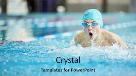  Presentation with swim boy - Presentation design featuring swimmer - young boy in swim-cap background and a light blue colored foreground