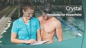  Presentation with swimmer - Beautiful theme featuring swimmer and coach discussing by the pool at leisure center backdrop and a dark gray colored foreground