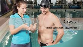  Presentation with swimmer - PPT theme having swimmer and coach discussing by the pool at leisure center background and a coral colored foreground