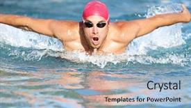  Presentation with swimming - Amazing PPT theme having swimmer athletic man swimming butterfly backdrop and a light blue colored foreground