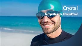  Presentation with swimmer - Audience pleasing theme consisting of swimmer getting ready at the beach on a sunny day backdrop and a teal colored foreground