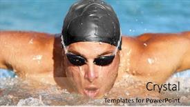  Presentation with swimming pool - PPT theme featuring swimmer man swimming butterfly strokes background and a coral colored foreground
