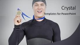  Presentation with gold medal - Slides featuring swimmer showing his gold medal against grey background background and a light gray colored foreground