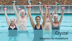  Presentation with portrait of excited overjoyed female - Beautiful PPT theme featuring swimmers exercising in swimming pool backdrop and a light blue colored foreground