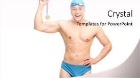  Presentation with medal - Slide deck having swimming awards - cheerful young swimmer with swim background and a sky blue colored foreground