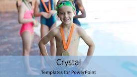  Presentation with medal - Colorful presentation design enhanced with swimming awards - portrait of happy little boy backdrop and a  colored foreground