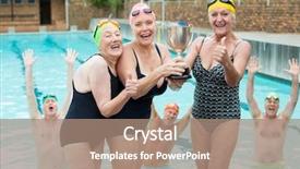  Presentation with portrait of excited overjoyed female - Slide set consisting of swimming awards - portrait of happy senior female background and a coral colored foreground