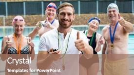  Presentation with multicultural senior citizen - Beautiful slide deck featuring swimming awards - portrait of instructor and senior backdrop and a coral colored foreground