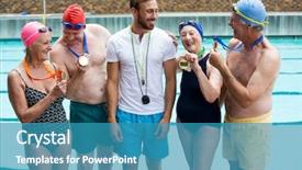  Presentation with train the trainer - PPT theme consisting of swimming awards - senior swimmers showing medals background and a  colored foreground