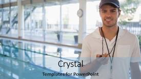  Presentation with coaching - PPT layouts with swimming coach standing background and a light blue colored foreground