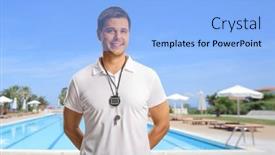  Presentation with swimming pool - Slide set with swimming-coach-with-a-wistle background and a light blue colored foreground