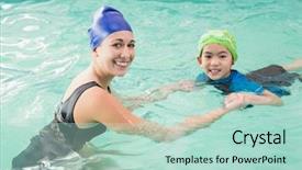  Presentation with swim boy - Colorful PPT layouts enhanced with swimming coaching - cute little boy learning backdrop and a mint green colored foreground