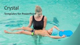  Presentation with swim boy - Colorful PPT layouts enhanced with swimming coaching - cute little boy learning backdrop and a seafoam green colored foreground