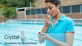  Presentation with coaching - Beautiful slides featuring swimming coaching - female coach blowing whistle backdrop and a  colored foreground