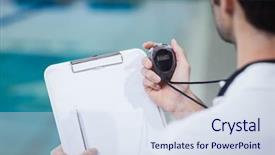  Presentation with train the trainer - Amazing PPT layouts having swimming coaching - handsome trainer holding stopwatch backdrop and a sky blue colored foreground