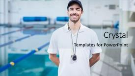  Presentation with trainer - Slides having swimming coaching - handsome trainer standing with hands background and a light blue colored foreground