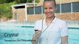  Presentation with swim - Presentation design featuring swimming coaching - portrait of smiling swim coach background and a light blue colored foreground