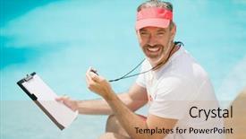  Presentation with swim - Amazing slides having swimming coaching - portrait of swim coach holding backdrop and a coral colored foreground