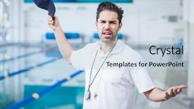  Presentation with trainer - Amazing PPT theme having swimming coaching - serious trainer angry at someone backdrop and a light blue colored foreground