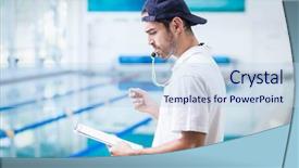  Presentation with trainer - Presentation having swimming coaching - serious trainer holding clipboard background and a light blue colored foreground