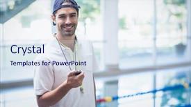  Presentation with train the trainer - Presentation theme consisting of swimming coaching - serious trainer looking at stopwatch background and a sky blue colored foreground