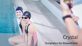  Presentation with trainer - PPT layouts enhanced with swimming coaching - smiling swimmers looking at trainer background and a  colored foreground