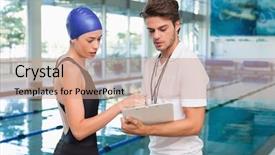  Presentation with bible end times - Beautiful slide set featuring swimming coaching - swimmer discussing times with her backdrop and a coral colored foreground