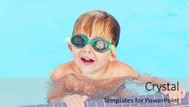  Presentation with preschool - Presentation theme featuring swimming lesson - smiling preschool boy wearing goggles background and a coral colored foreground