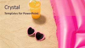  Presentation with mattress - Audience pleasing slides consisting of vacation and summer holidays concept - pink sunglasses orange juice and swimming mattress on beach sand backdrop and a lemonade colored foreground