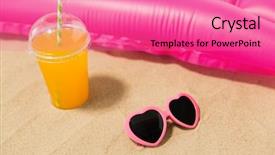  Presentation with mattress - Cool new slides with vacation and summer holidays concept - pink sunglasses orange juice and swimming mattress on beach sand backdrop and a coral colored foreground
