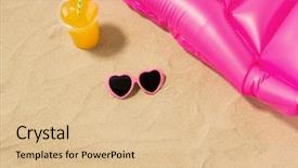  Presentation with mattress - Audience pleasing presentation consisting of vacation and summer holidays concept - pink sunglasses orange juice and swimming mattress on beach sand backdrop and a lemonade colored foreground