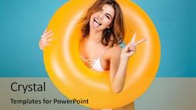  Presentation with girl in red dress - Amazing PPT theme having swimsuit looking through inflatable backdrop and a yellow colored foreground