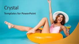  Presentation with girl in red dress - Colorful theme enhanced with swimsuit sitting on inflatable backdrop and a light blue colored foreground