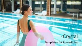  Presentation with water - Beautiful slide set featuring swimwear carrying pink inflatable buoy backdrop and a  colored foreground