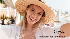  Presentation with close up of young girls - PPT theme enhanced with swimwear taking selfie while sunbathing background and a coral colored foreground