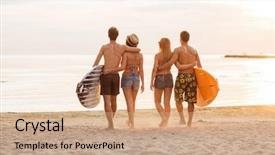  Presentation with summer drinking water - PPT theme with swimwear with surfboards on beach background and a coral colored foreground