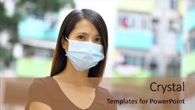  Presentation with wearing a surgical face mask - PPT theme enhanced with swine flu - asian woman wear protective face background and a coral colored foreground